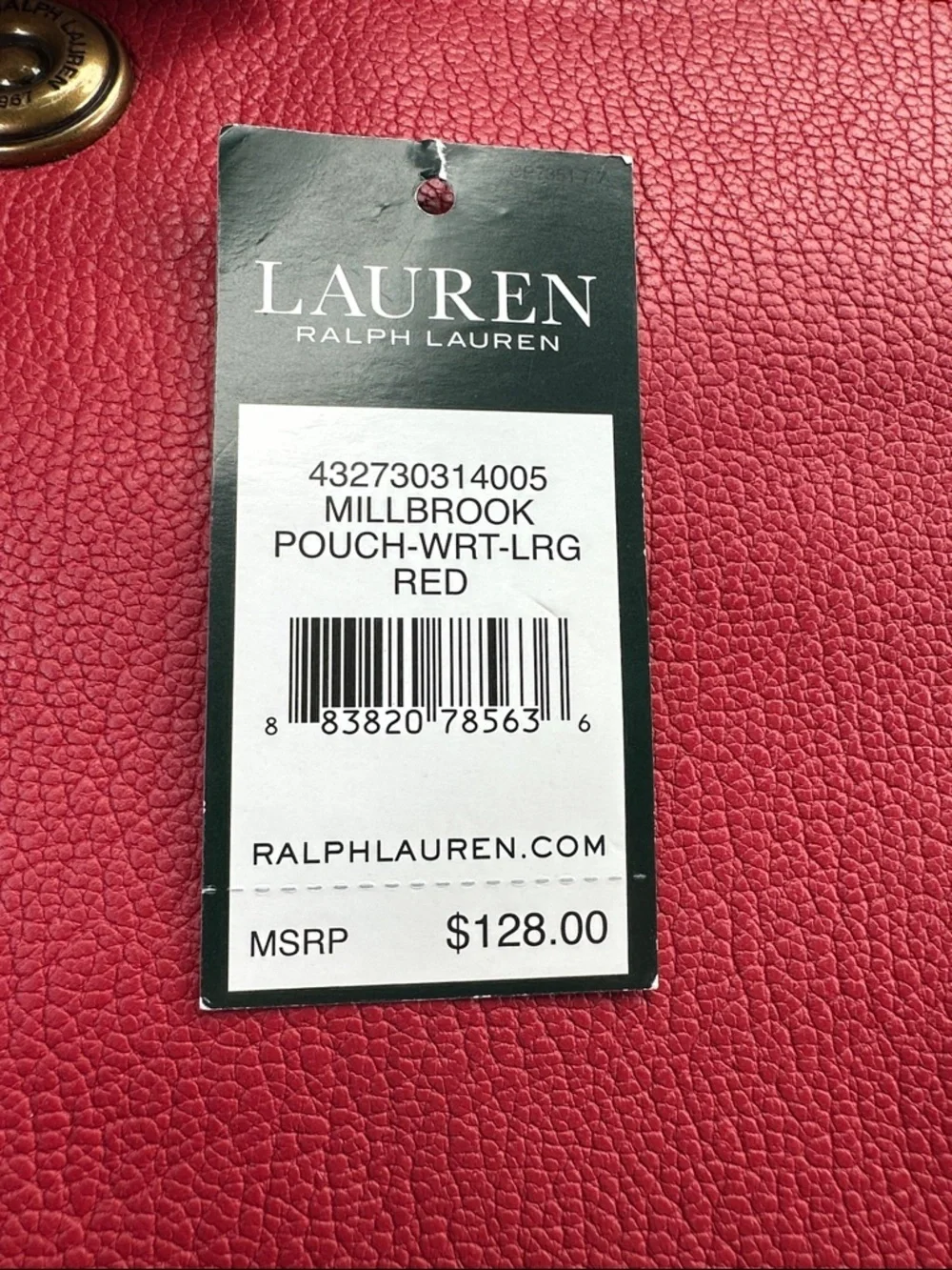 Ralph Lauren Millbrook Pouch Large Wristlet Deep Red Pebbled Leather NWT